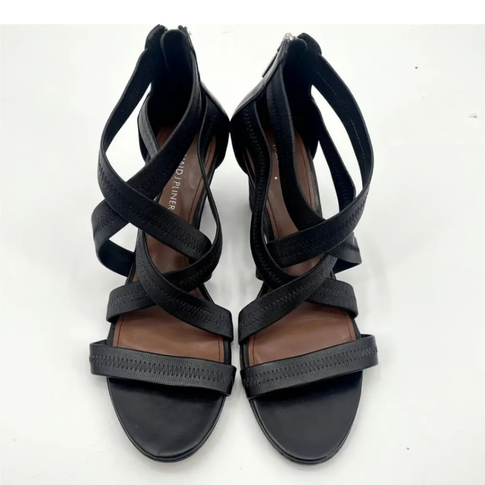 Donald J. Pilner Jemi Black Wedge Heel Criss Cross Sandals Pumps Heels sz 7.5M